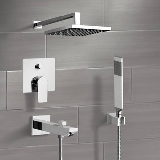 Tub and Shower Faucet Chrome Tub and Shower System with Rain Shower Head and Hand Shower Remer TSH39